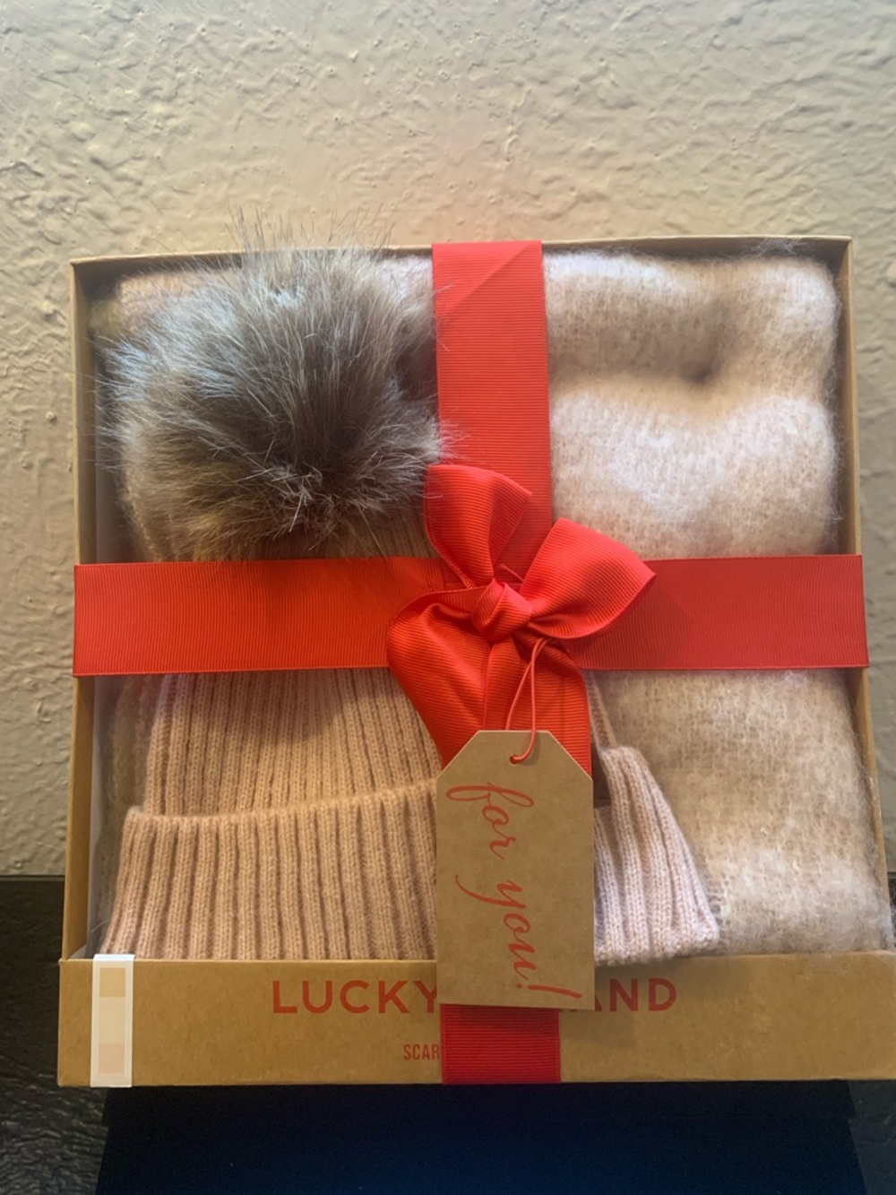 Lucky Brand Blush Pink Knit Hat & Scarf Set with Faux Fur Pom